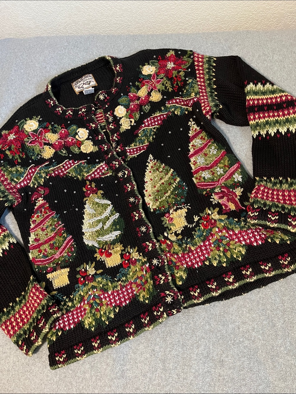 Vintage Christmas Knit Cardigan Sweater Medium Grandma Novalty Festive Grunge